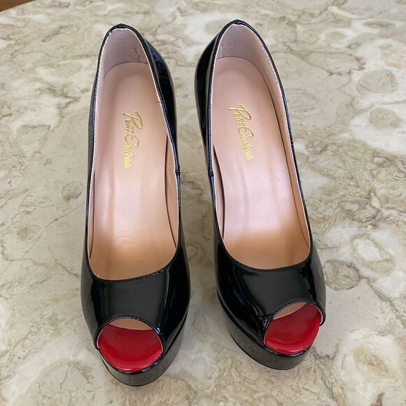 Petit Cadeaux Platform Peep Toe 5” Stiletto Heels Black Patent & Red - As New - Picture 4 of 16